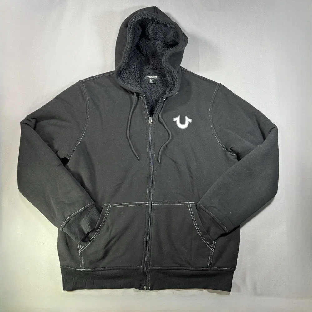 True Religion Mens Black Sherpa Lined Full Zip Hoodie Buddha Guitar Large L